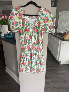 Roller RabbitFloral Puff-Sleeve Smocked Waist Mini Dress - White with Pink Roses